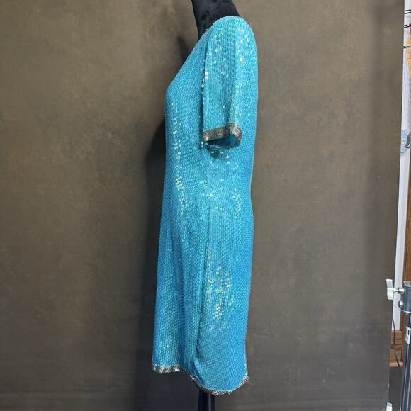 STENAY Vintage 80's VTG Teal Blue 100% Silk Sequin Beaded Cocktail Party Dress 6 - Picture 4 of 13